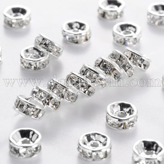 Бусины Разделители со Стразами, класс А, Латунь, Ровная Кромка, Рондель, Цвет: Серебро + Кристалл, Размер: 6х3мм, Отверстие 1мм, (УТ100015299)