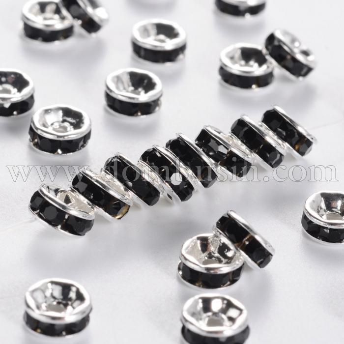 Бусины Разделители со Стразами, класс А, Латунь, Ровная Кромка, Рондель, Цвет: Серебро + Черный, Размер: 6х3мм, Отверстие 1мм, (УТ100015301)