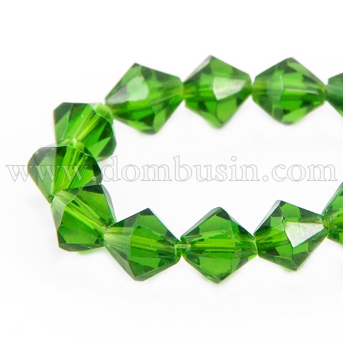 Намистини Австрійський Кришталь, Імітація, Скло, Грановані Біконус, Колір: Зелений Газон, Розмір: 4х4мм, Отв-тя: 1мм, близько 118шт / 42см / нитка, (УТ100015356)