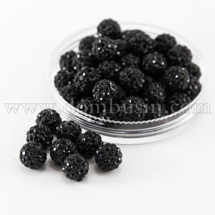 Бусины Шамбала со Стразами, Класс А, из Полимерной Глины, Круглые, Цвет: Черный, Размер: 8мм, Отверстие 1.5мм, (УТ100015435)