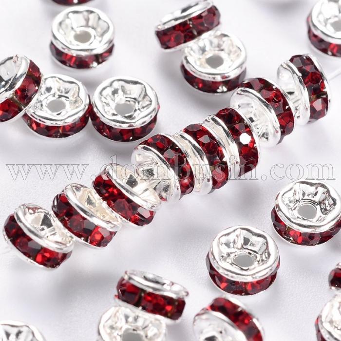 Бусины Разделители со Стразами, класс А, Латунь, Ровная Кромка, Рондель, Цвет: Серебро + Сиам, Размер: 7х3.2мм, Отверстие 1.2мм, (УТ100015452)