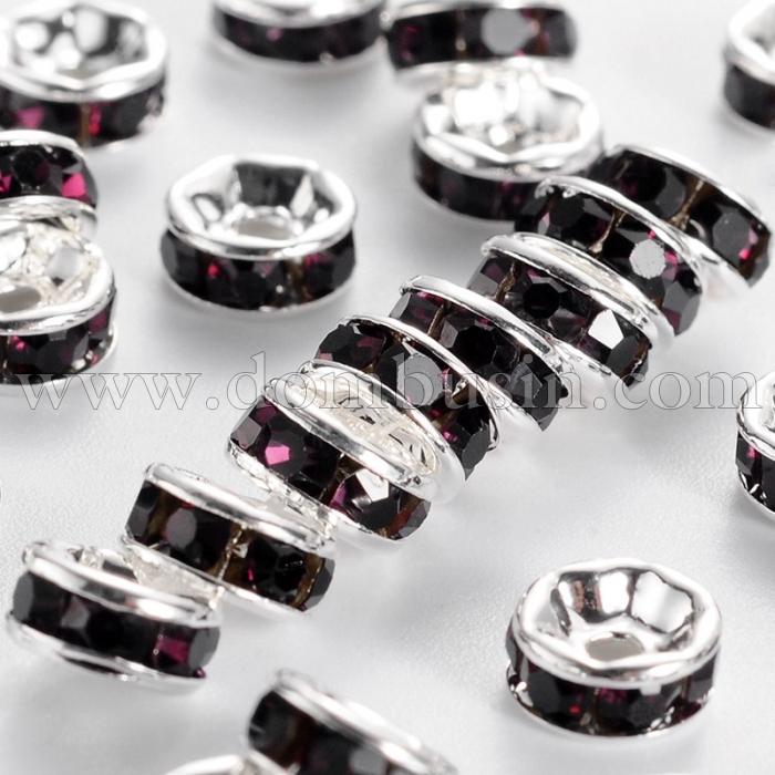 Бусины Разделители со Стразами, класс А, Латунь, Ровная Кромка, Рондель, Цвет: Серебро + Аметист, Размер: 7х3.2мм, Отверстие 1.2мм, (УТ100015458)