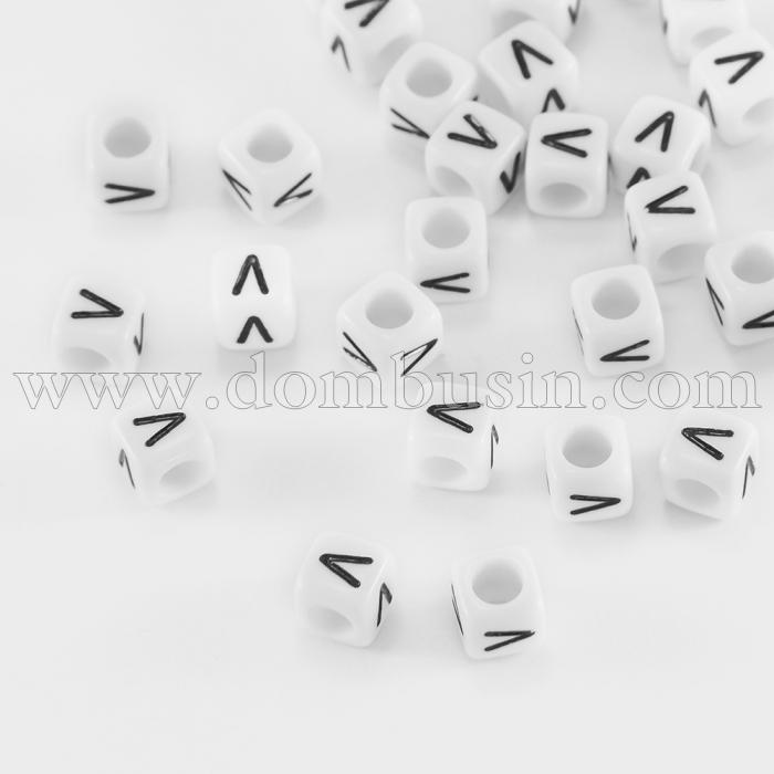 Намистини Акрилові Буква "V", Кубики, Колір: Білий, Розмір: 6х6х6мм, Отвір 3.2мм, близько 130шт/25г, (УТ100015494)