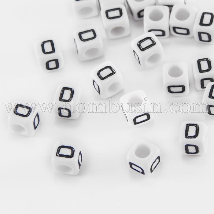Намистини Акрилові Буква "D", Кубики, Колір: Білий, Розмір: 6х6х6мм, Отвір 3.2мм, близько 130шт/25г, (УТ100015508)