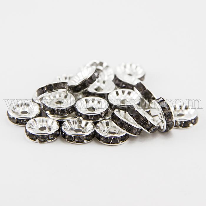 Бусины Разделители со Стразами, класс А, Латунь, Ровная Кромка, Рондель, Цвет: Серебро + Черный Бриллиант, Размер: 10х4мм, Отв 2мм, (УТ100015574)