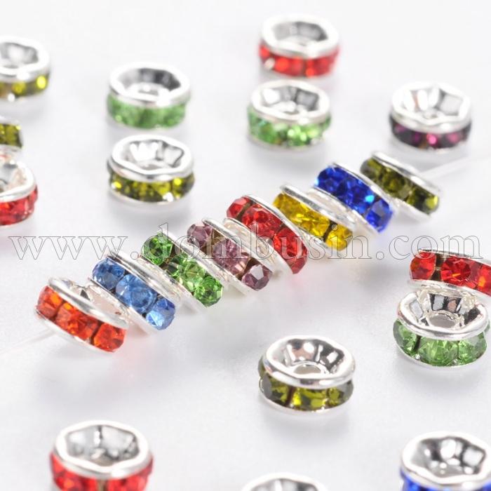 Бусины Разделители со Стразами, класс А, Латунь, Ровная Кромка, Рондель, Цвет: Серебро + Микс, Размер: 6х3мм, Отверстие 1мм, (УТ100015350)