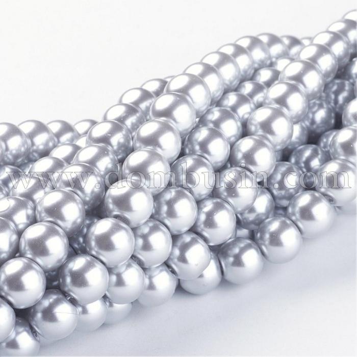 Перли Намистини Скло 8 мм, Глянцеві, Круглі, Колір: Сріблястий, Діаметр: 8 мм, Отв-тя 1мм, близько 110шт / 88см / нитка, (БА000000447)
