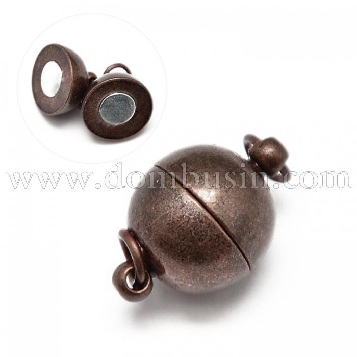 Застежка Магнитная, Латунь, Круглая с Колечками, Цвет: Медь, Размер: 14х8мм, Отв. 2мм, Кольца 4х0.7мм, (УТ100016283)