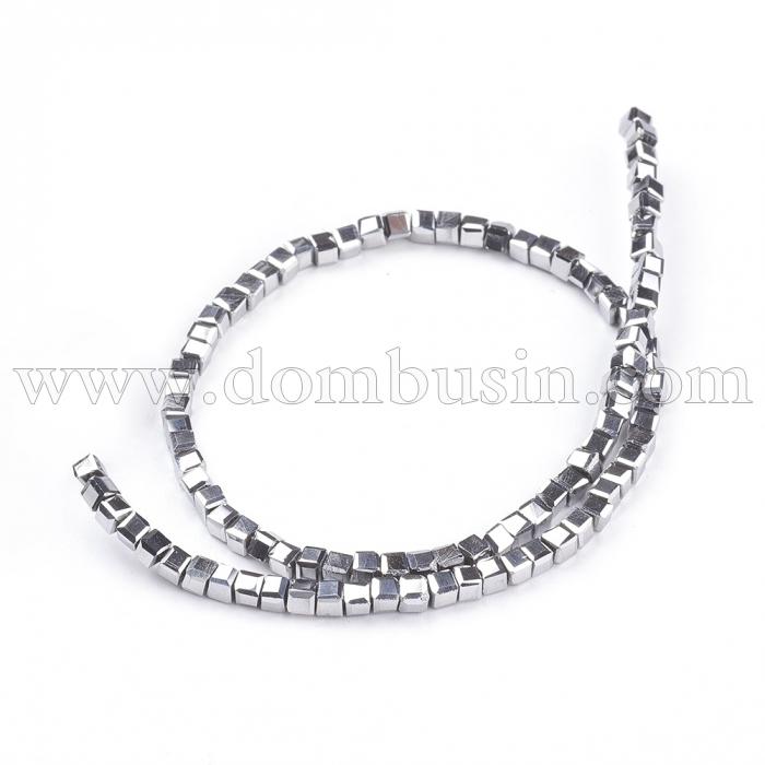 Намистини Гальваніка Скло, Кубики Грановані, Колір: Платина, Розмір: 2х2х2мм, Отвір 1мм, близько 95шт / 23см / нитка, (УТ100016495)