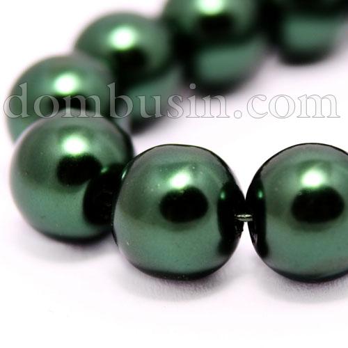 Перли Намистини Скло 10мм, Глянцеві, Круглі, Колір: Темно-зелений, Діаметр: 10мм, Отв-тя 1мм, близько 85шт / 85см / нитка, (БА000000456)