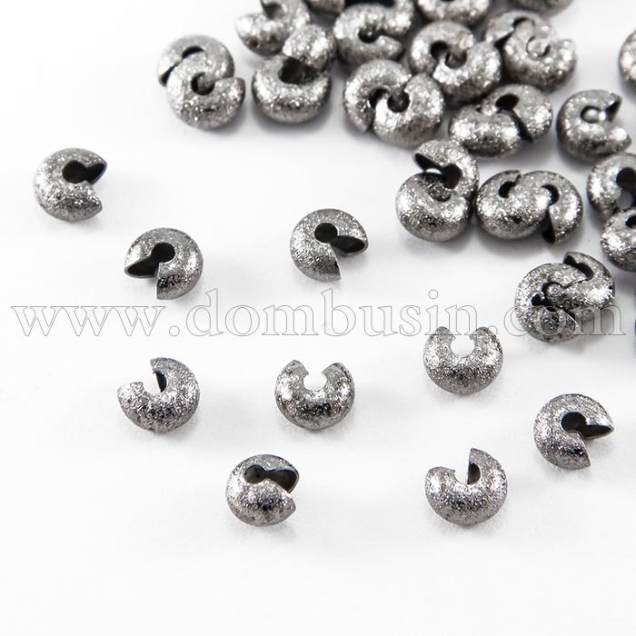 Бусины Крышки Кримпов, Латунь, Оболочки для Зажимных Бусин Стопперов, Цвет: Оружейная Сталь, Размер: 3.2х2.2мм, Отверстие 1.2мм, 2г/около 40шт (УТ100017016)