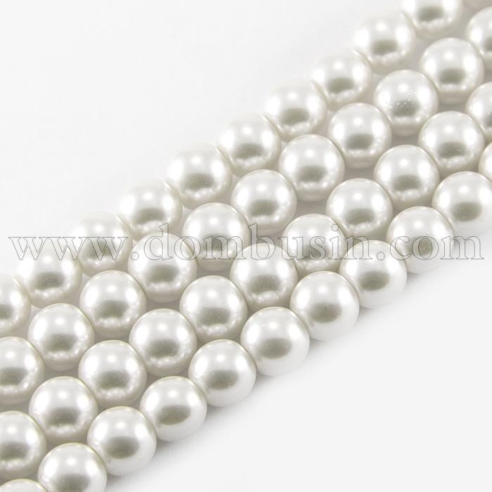 Жемчуг Бусины Стекло 14мм, Глянцевые, Круглые, Цвет: Белый, Диаметр: 14мм, Отв-тие 1мм, около 62шт/87см/нить, (БА000000458)