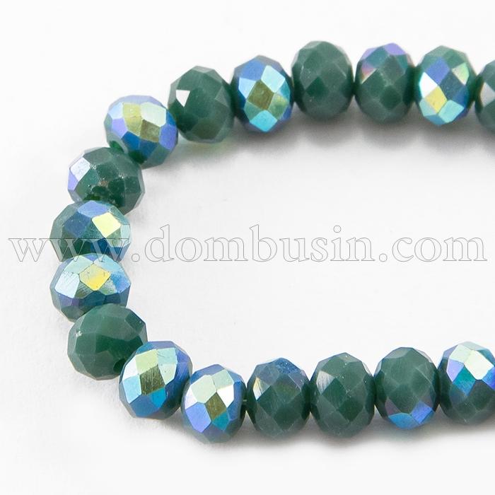 Бусины Гальваника Стекло АВ-Цвет, Полупокрытие, Непрозрачные Граненые, Рондель, Морской Зеленый, 4х3мм, От-тие:1мм, ок. 146шт/52см/нить (УТ100017205)