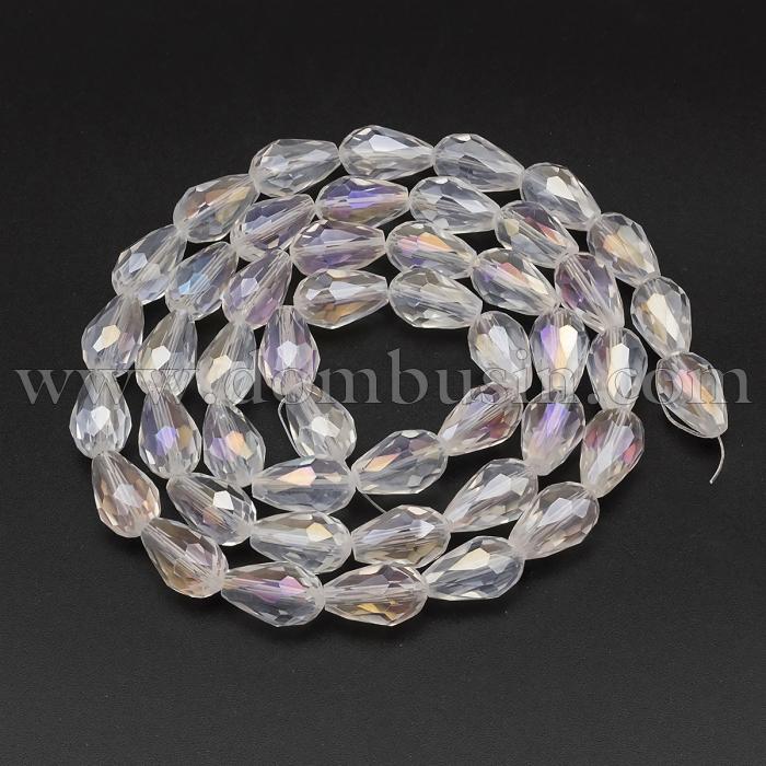 Бусины Гальваника Стекло АВ-Цвет, Граненые, Капля, Цвет: Бесцветный, Размер: 15х10мм, Отверстие 1мм, около 50шт/75см/нить, (УТ100017246)