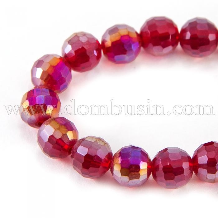 Бусины Стекло с Гальваникой, Граненые, АВ-цвет, Круглые, Цвет: Темно-красный, Диаметр 8мм, Отверстие 1мм, около 72шт/58см/нить, (УТ100017355)