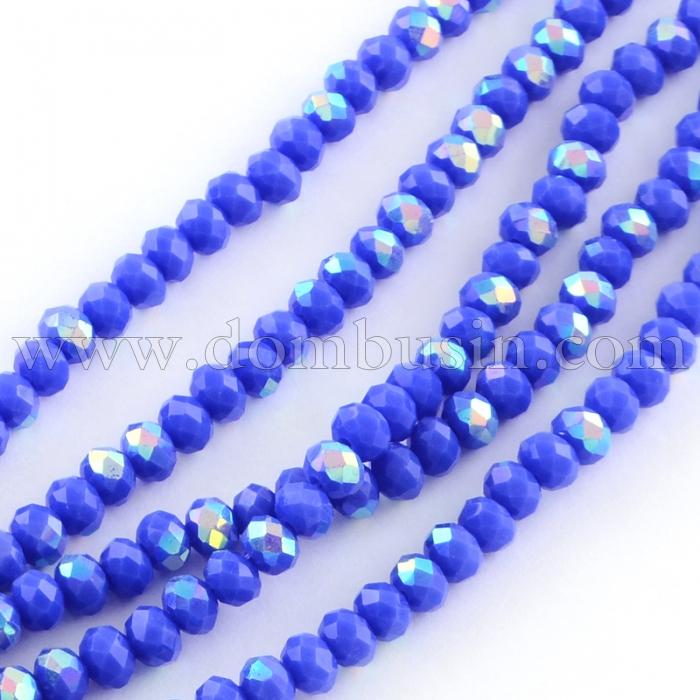 Бусины Гальваника Стекло АВ-Цвет, Полупокрытие, Непрозрачные Граненые, Рондель, Королевский Синий, 4х3мм, ок. 144шт/49см/нить (УТ100017495)
