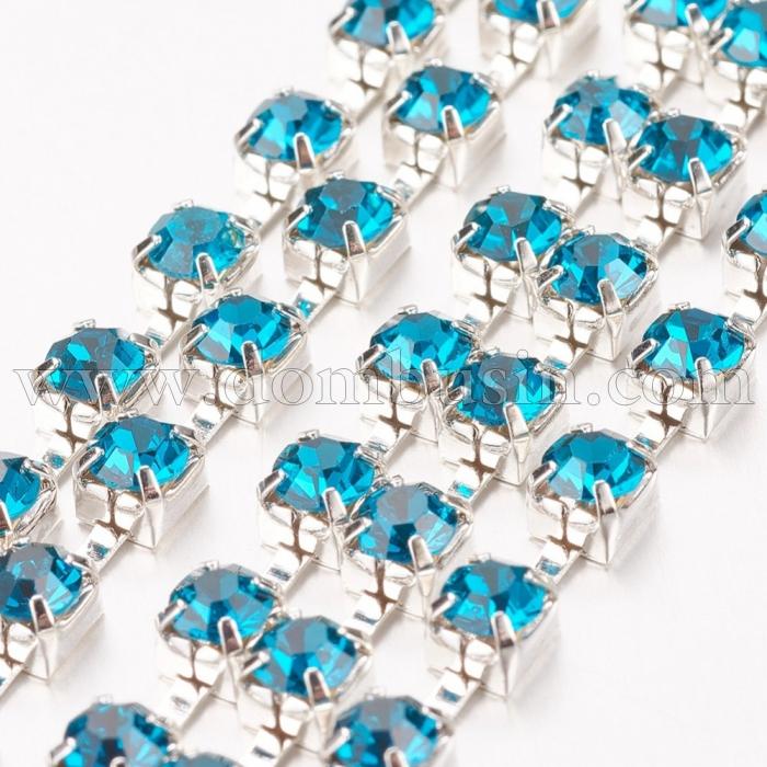 Стразовая Цепь Декоративная, Класс А, Серебро/Голубой Циркон, 3.5мм, 1м, (УТ100017529)