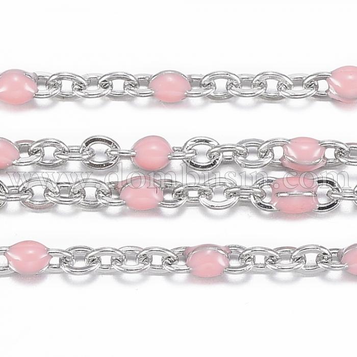 Ланцюг Якірне Плетіння, Нержавіюча Сталь, Колір Емалі: Рожевий, Ланка: 2х1.5х0.5мм, (УТ100017569)