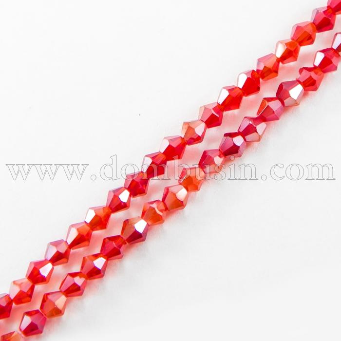 Бусины Гальваника Стекло АВ-Цвет, Граненые, Биконус, Цвет: Оранжево-красный, Размер: 4х4мм, Отв-тие: 1мм, около 104шт/40см/нить, (УТ100017745)