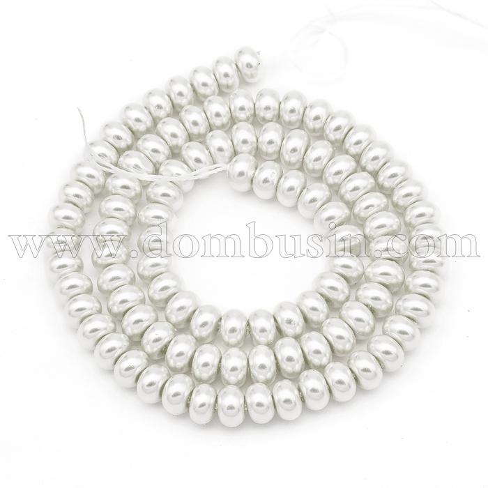 Жемчуг Бусины Стекло, Рондель, Глянец, Окрашены Экокраской, Белый, Диаметр: 6мм, Толщина: 4мм, Отверстие: 1мм, около 94шт/38см/нить (УТ100017851)