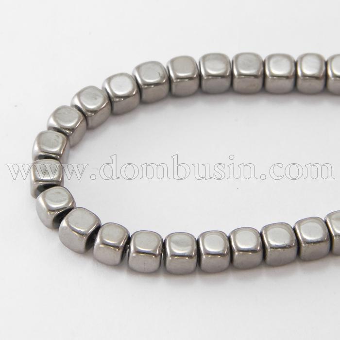 Бусины Синтетический Гематит, Класс А, Немагнитный, На нитях, Кубик, Цвет: Платина, Размер: 4х4х4мм, Отв. 1мм, ок 100шт/41см/нить, (УТ100018727)