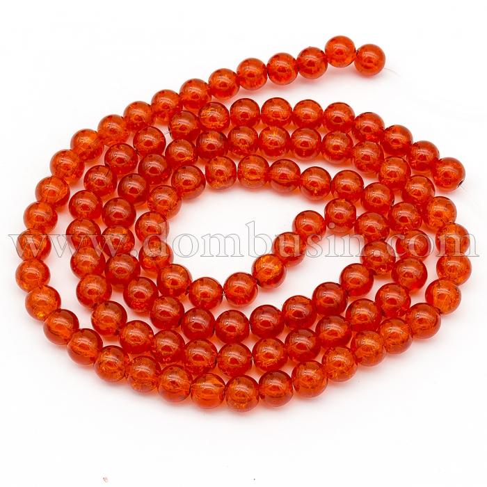 Бусины "Битое Стекло" Круглые, Цвет: Ярко-оранжевый, Диаметр: 8мм, Отверстие 1.3-1.6мм, около 100шт/80см/нить, (УТ100018755)