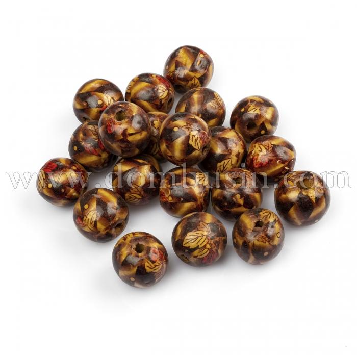 Намистини Дерев'яні Друковані, Круглі, Колір: Світло-коричневий, Розмір: Діаметр 20мм, Товщина 18мм, Отвір 4-5мм, близько 20шт/50г, (УТ100018778)