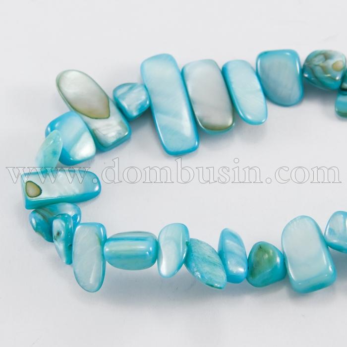 Намистини Річковий Перламутр, Самородок, Пофарбовані, Колір: Блакитний, Розмір: 6-25x4-14x3-7мм, Отвір 1мм, близько 96-100шт / нитка, (УТ100018867)