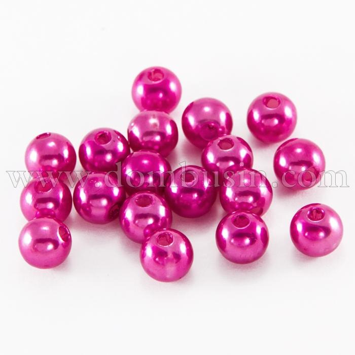 Перли Намистини Акрилові, Глянцеві, Круглі, Колір: Яскраво-рожевий, Розмір: Діаметр 6мм, Отвір 1.5мм, близько 230шт / 25г, (УТ100018912)