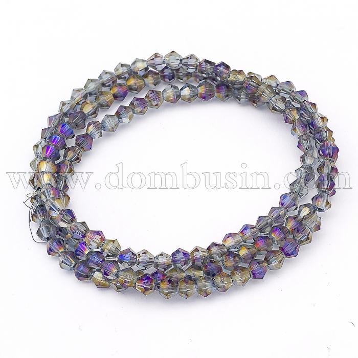 Намистини Гальваніка Скло, Біконус, Колір: Пурпурний, Розмір: 3х3.5мм, Отв-тя 1мм, близько 150шт / 46см / нитка, (УТ100019012)