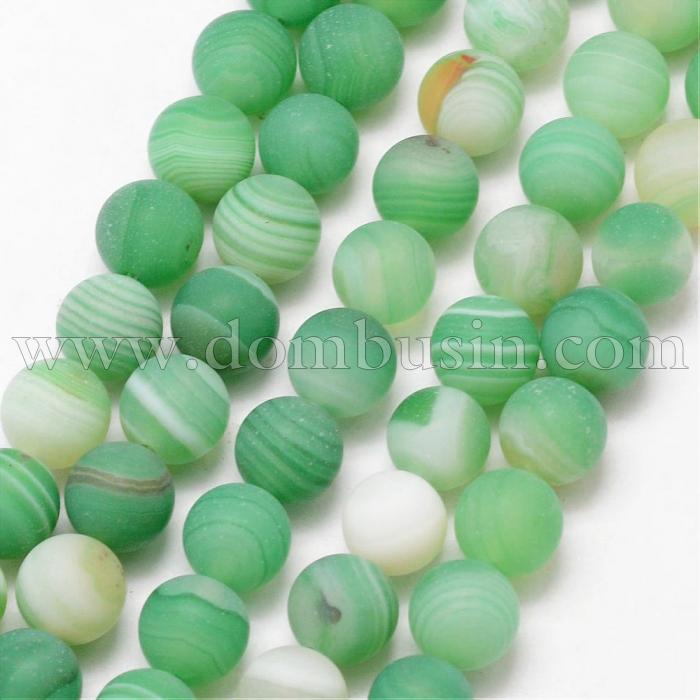 Бусины Натуральный Полосатый Агат, Круглые, Класс А, Морозный Стиль, Окрашенные, Цвет: Светло-зеленый, Диаметр: 8мм, Отв. 1мм, около 47шт/38см/нить, (УТ100019269)