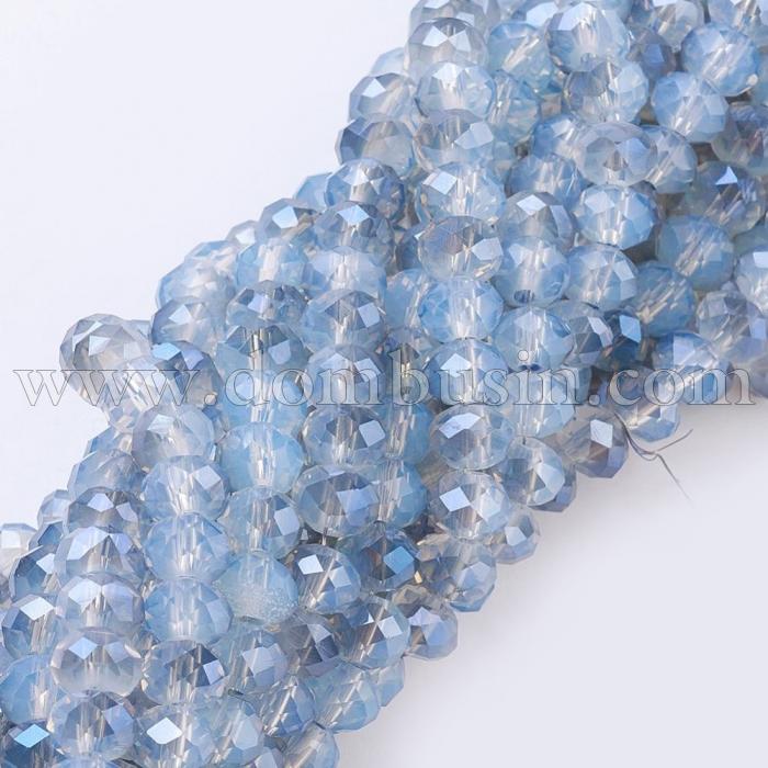 Бусины Гальваника, Стеклянные, Имитация Нефрита, Граненые, Рондель, Светло-синий, 8х6.5мм, Отверстие: 1мм, около 70шт/46см/нить (УТ100019350)