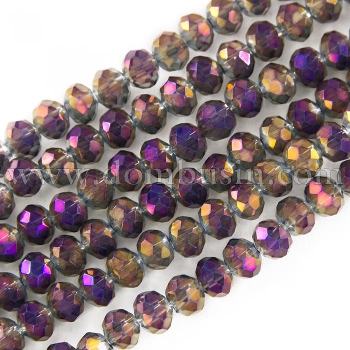 Бусины Гальваника Стекло, Граненые, Рондель, Цвет: Фиолетовый, Размер: 6х4мм, Отверстие: 1мм, около 100шт/40см/нить, (УТ100019356)