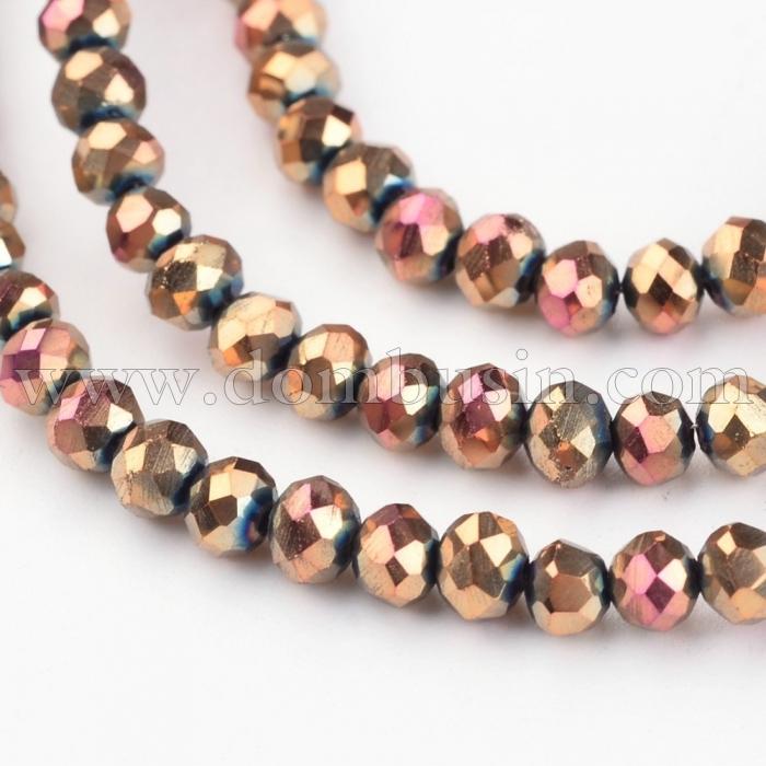 Бусины Гальваника Стекло, Граненые, Рондель, Цвет: Золотисто-розовый, Размер: 3х2мм, Отверстие: 1мм, около 196шт/40см/нить, (УТ100019390)