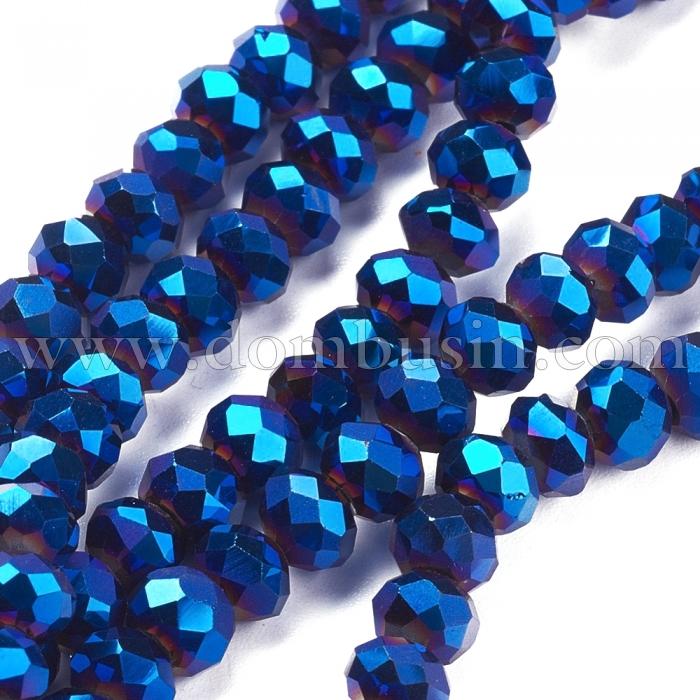 Бусины Гальваника Стекло, Граненые, Рондель, Цвет: Синий, Размер: 10x7.5~8мм, Отв-тие: 1мм, около 72шт/58см/нить, (УТ100019417)