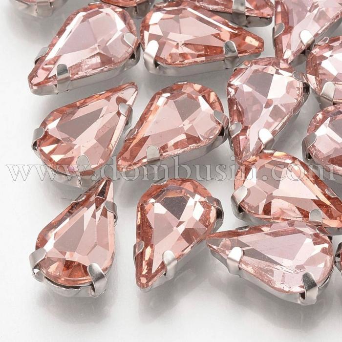 Пришивные Стразы Стекло, Горный Хрусталь, Основа Латунь Цвета Платина, Капля, Темно-лососевый, Длина 12.5мм, Ширина 8мм, Толщина 5мм, (УТ100019724)