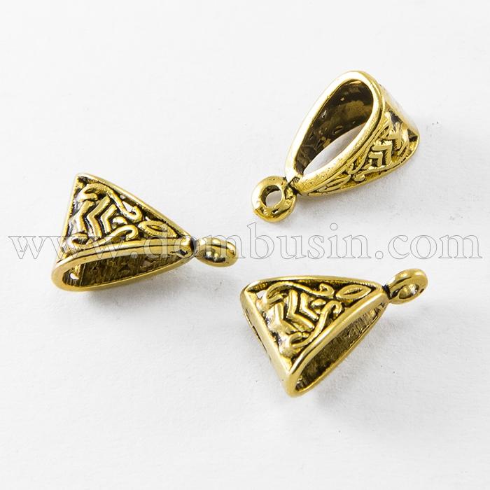 Бейл в Тибетському Стилі, Трикутний, Біжутерний сплав, Колір: Античне Золото, Розмір: 15.5х10х7мм, Отвір 2мм, (УТ100019856)