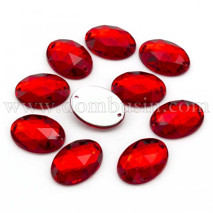 Пришивні Акрилові Стрази, 2 отвори, Овальні, Колір: Червоний, Розмір: 18х13х5мм, Отв-тя 1мм, (УТ100020836)