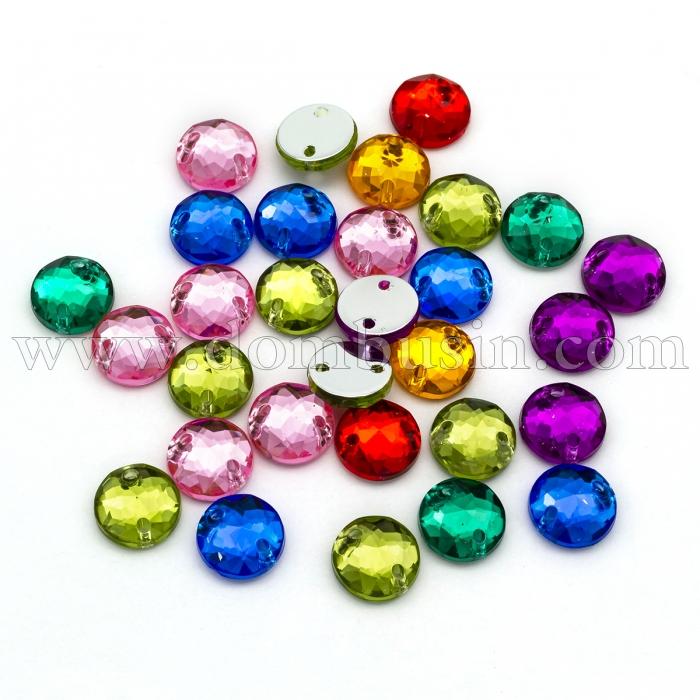 Пришивные Акриловые Стразы, 2 отверстия, Круглые, Цвет: Микс, Размер: 8х3мм, Отв-тие 1мм, (УТ100021088)