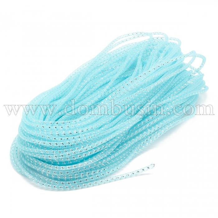 Шнур Сетка Бижутерная, Пластик, Цвет: Светло-голубой, Серебристые полоски, Размер: 4мм, около 45м/связка, (УТ100021103)