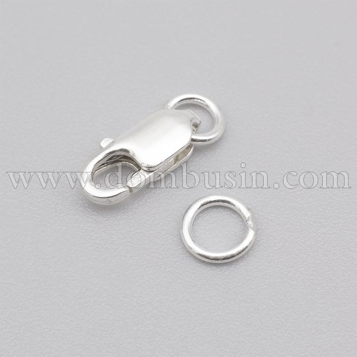 Серебро 925 Застежка Карабин-Лобстер с Колечками, Серебро, 14мм, Карабин 8х4х2мм, Отверстие 2.5мм, (УТ100021522)