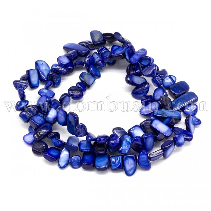 Намистини Річковий Перламутр Самородок, Пофарбовані, Синій, 6-25x4-14x3-7мм, Отвір 1мм, близько 96-100шт/80см/нитка, (УТ100021538)