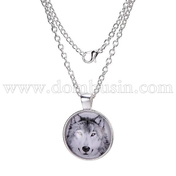 Кулон Вовк Круглий на Ланцюжку, Метал и Стекло, Колір: Срібло, Ланцюжок: 45-50см, Кулон: 27мм, (УТ100021759)