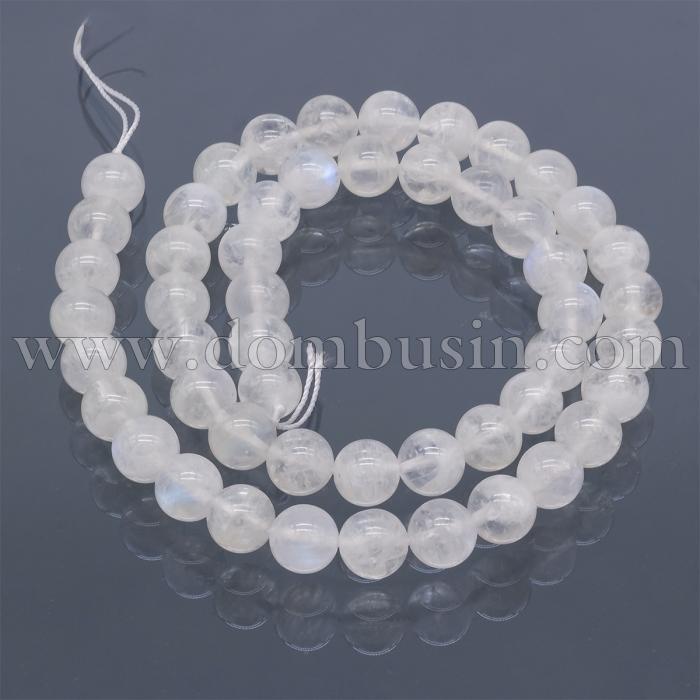 Бусины Натуральный Лунный Камень, Класс АА, На нитях, Круглые, Цвет: Белый, Размер: 8мм, Отверстие: 1мм, около 50шт/39см/нить, (УТ100022689)