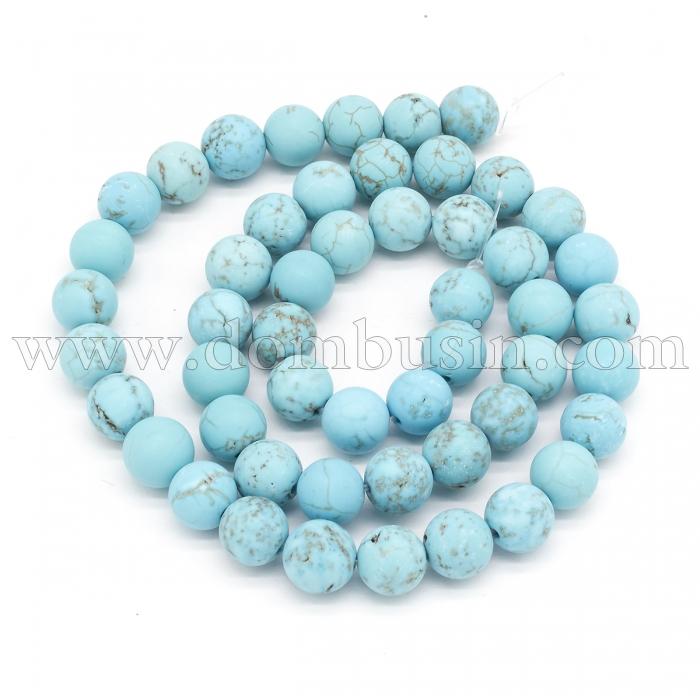 Бусины Натуральный Говлит, На нитях, Круглые, Морозный Стиль, Цвет: Бирюзовый, Размер: 8мм, Отверстие: 1мм, около 47шт/39см/нить, (УТ100022739)
