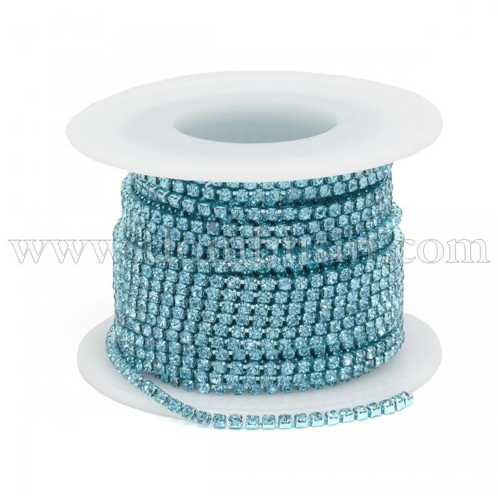 Стразовий Ланцюг Декоративний, Стійке Покриття, Аквамарин, 2 мм, близько 9м/котушка, (УТ100022991)