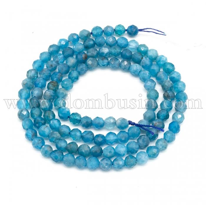 Бусины Натуральный Апатит, На нитях, Класс АА, Граненые, Круглые, Цвет: Синий, Диаметр: 3.8мм, Отверстие: 0.5мм, около 115шт/40см/нить (УТ100023354)