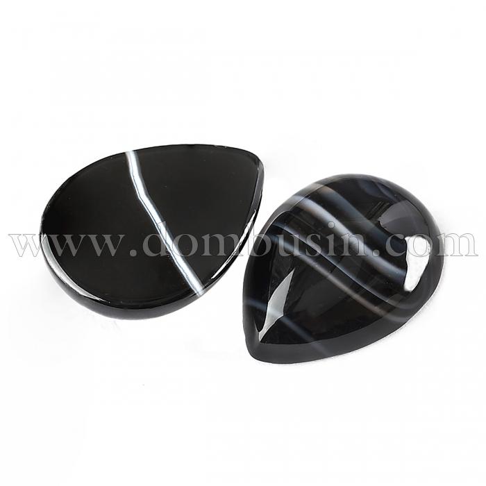 Кабошони Натуральний Смугастий Агат, Пофарбовані, Крапля, Чорний, 25x18x6-7мм (УТ100022537)