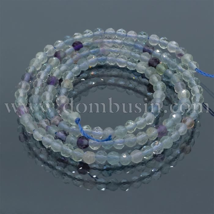 Бусины Натуральный Флюорит На нитях, Круглые, Граненые, Цвет: Микс, Размер: 2.9мм, Отверстие: 0.5мм, около 132шт/39.5см/нить, (УТ100023499)