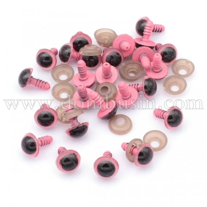 Очки з Фіксатором і штифти, для Іграшок, Круглі, Колір: Рожевий, Розмір: 14мм, (УТ100023555)